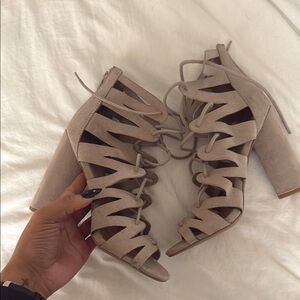 Elegant Beige Lace-Up Heels